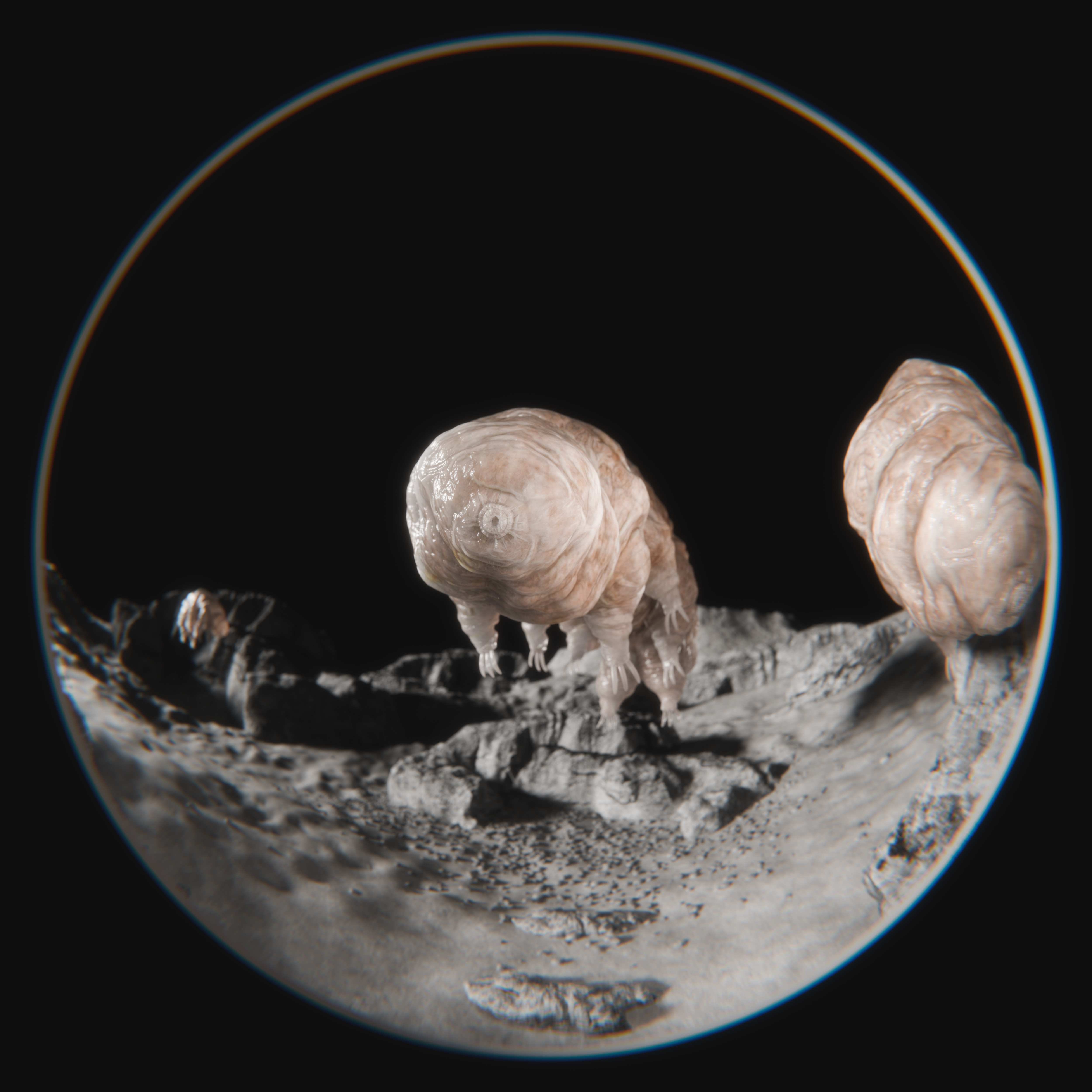 In a circle against a dark background, a tardigrade floats above a lunar landscape