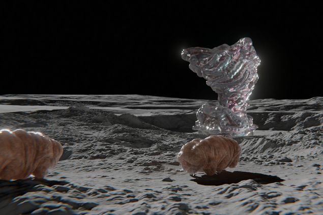 © Merlin Stadler Two tardigrades in a lunar landscape, behind them stands an abstract, twisted shape – similar to a deformed rock or a twisted sculpture made of soft material. It looks as if it is made of glass or transparent plastic.